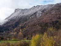 Herbstbüsche an der Prien und Zellerhorn mit Neuschnee